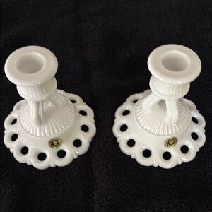 Vintage Westmoreland Milk Glass Doric Lace Candle Holders